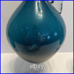 Vintage Teal Murano Empoli Glass Decanter Set with 2 Twisted Stem Glasses
