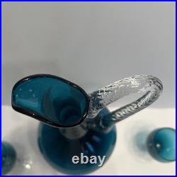 Vintage Teal Murano Empoli Glass Decanter Set with 2 Twisted Stem Glasses