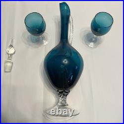 Vintage Teal Murano Empoli Glass Decanter Set with 2 Twisted Stem Glasses