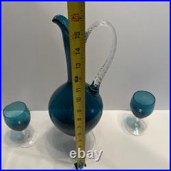 Vintage Teal Murano Empoli Glass Decanter Set with 2 Twisted Stem Glasses