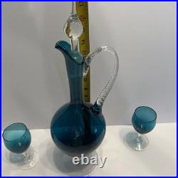Vintage Teal Murano Empoli Glass Decanter Set with 2 Twisted Stem Glasses Vintage Teal Murano Empoli Glass Decanter Set with 2 Twisted Stem Glasses