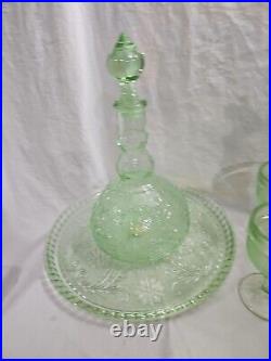 Vintage Tiara Chantilly Green Glass Decanter Set with box MCM 9 pieces set