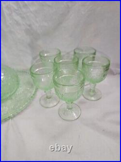 Vintage Tiara Chantilly Green Glass Decanter Set with box MCM 9 pieces set