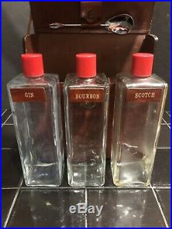 Vintage Travel Bar Leather Case Glass Liquor Decanter Scotch Bourbon Gin