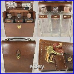 Vintage Travel Bar Leather Case Glass Liquor Decanter Scotch Bourbon Gin Set 3