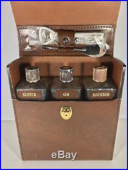 Vintage Travel Bar Leather Case Glass Liquor Decanter Scotch Bourbon Gin Set 3