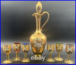 Vintage Tre Fuochi Murano Glass Decanter 6 Cordials Italy Bohemian Multi Colored