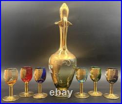 Vintage Tre Fuochi Murano Glass Decanter 6 Cordials Italy Bohemian Multi Colored