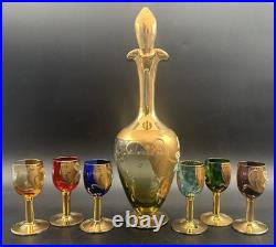 Vintage Tre Fuochi Murano Glass Decanter 6 Cordials Italy Bohemian Multi Colored