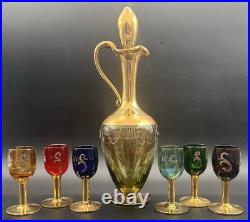 Vintage Tre Fuochi Murano Glass Decanter 6 Cordials Italy Bohemian Multi Colored