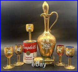 Vintage Tre Fuochi Murano Glass Decanter 6 Cordials Italy Bohemian Multi Colored
