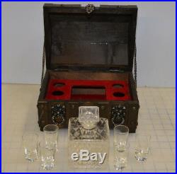 Vintage Treasure Chest Clear Glass Barware Set Decanter 6 Shot Glasses Lion Head