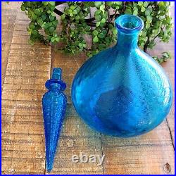 Vintage Turquoise Blue Glass Genie Bottle Decanter Flame Tip MCM Empoli Barware