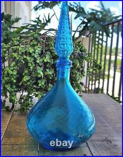 Vintage Turquoise Blue Glass Genie Bottle Decanter Flame Tip MCM Empoli Barware