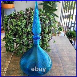 Vintage Turquoise Blue Glass Genie Bottle Decanter Flame Tip MCM Empoli Barware