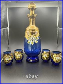 Vintage Ucagco Japan Decanter Vase Blue Glass Flower With 4 Shot Glasses