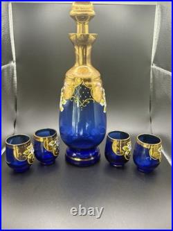 Vintage Ucagco Japan Decanter Vase Blue Glass Flower With 4 Shot Glasses
