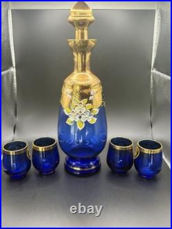 Vintage Ucagco Japan Decanter Vase Blue Glass Flower With 4 Shot Glasses