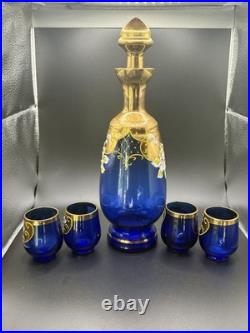 Vintage Ucagco Japan Decanter Vase Blue Glass Flower With 4 Shot Glasses
