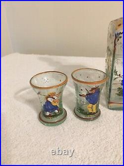 Vintage Unique Hand Painted Decanter Set With Cordial Glasses & Glass Stopper