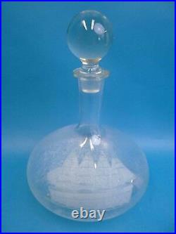 Vintage Used Old Clear Etched Glass Sailing Ship Unsigned Wine Bottle Decanter