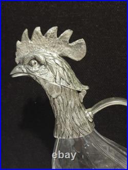 Vintage Valpetro Pitcher Made in Italy Rooster Pewter & Glass 11 Decanter