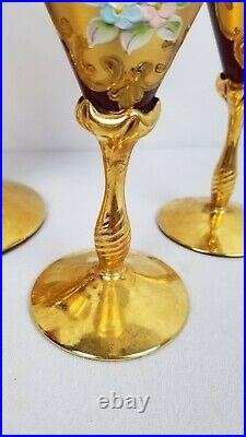 Vintage Venetian 22kt Gold Painted Ruby Decanter Set 19 Murano Glass SIGNED