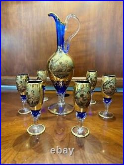 Vintage Venetian 24K Gold Overlay/Cobalt Blue DecanterWine Set