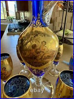 Vintage Venetian 24K Gold Overlay/Cobalt Blue DecanterWine Set