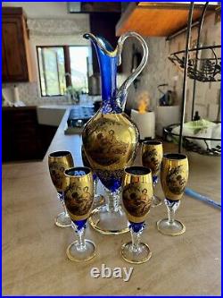 Vintage Venetian 24K Gold Overlay/Cobalt Blue DecanterWine Set