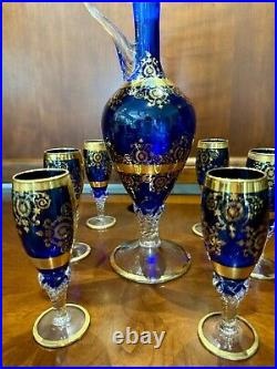 Vintage Venetian 24K Gold Overlay/Cobalt Blue DecanterWine Set