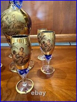 Vintage Venetian 24K Gold Overlay/Cobalt Blue DecanterWine Set