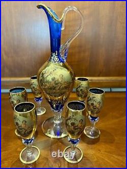 Vintage Venetian 24K Gold Overlay/Cobalt Blue DecanterWine Set