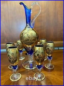 Vintage Venetian 24K Gold Overlay/Cobalt Blue DecanterWine Set