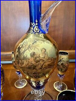 Vintage Venetian 24K Gold Overlay/Cobalt Blue DecanterWine Set