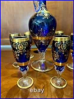 Vintage Venetian 24K Gold Overlay/Cobalt Blue DecanterWine Set