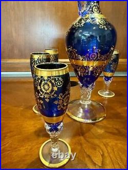 Vintage Venetian 24K Gold Overlay/Cobalt Blue DecanterWine Set