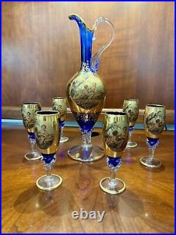 Vintage Venetian 24K Gold Overlay/Cobalt Blue DecanterWine Set