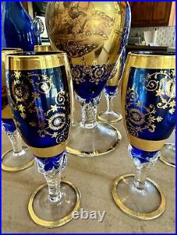 Vintage Venetian 24K Gold Overlay/Cobalt Blue DecanterWine Set