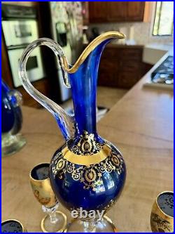 Vintage Venetian 24K Gold Overlay/Cobalt Blue DecanterWine Set