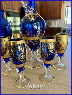 Vintage Venetian 24K Gold Overlay/Cobalt Blue DecanterWine Set