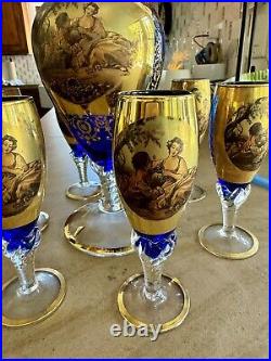 Vintage Venetian 24K Gold Overlay/Cobalt Blue DecanterWine Set