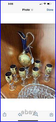 Vintage Venetian 24K Gold Overlay/Cobalt Blue DecanterWine Set