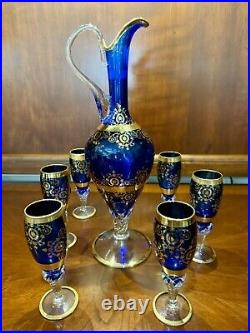 Vintage Venetian 24K Gold Overlay/Cobalt Blue DecanterWine Set