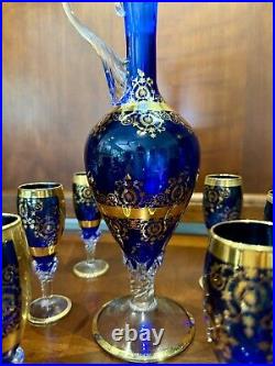 Vintage Venetian 24K Gold Overlay/Cobalt Blue DecanterWine Set