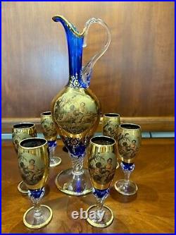 Vintage Venetian 24K Gold Overlay/Cobalt Blue DecanterWine Set