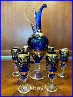 Vintage Venetian 24K Gold Overlay/Cobalt Blue DecanterWine Set