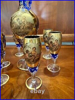 Vintage Venetian 24K Gold Overlay/Cobalt Blue DecanterWine Set