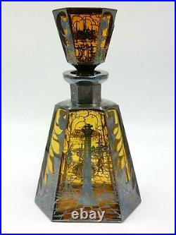 Vintage Venetian Amber Glass 8.5 Silver Overlay Scenes Of Venice Decanter