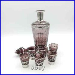 Vintage Venetian Amethyst Glass & Silver Decanter and Shot Glasses